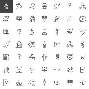 Sevgililer günü çizgi Icons set, Anahat vektör simgesi toplama, doğrusal tarz piktogram paketi. Aşk, işaret, logo illüstrasyon düğün. Oyuncak ayı, romantik müzik, kalp, mevcut simgeler içerir