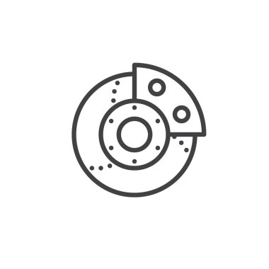 Araba fren sistemi satırı simgesi, Anahat vektör işareti üzerinde beyaz izole doğrusal stil piktogram. Sembol, logo illüstrasyon. Düzenlenebilir kontur