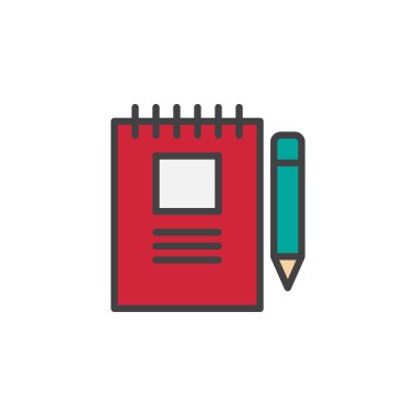 Defter ve kalem anahat simgesini, çizgi vektör işareti, üzerinde beyaz izole doğrusal renkli sembol dolu. Sembol, logo illüstrasyon. Piksel mükemmel vektör grafikleri