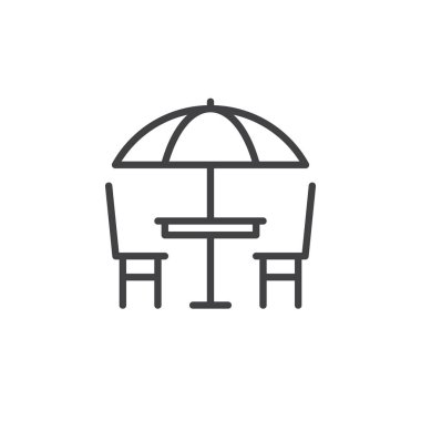 Masa ve sandalyeler satırı simgesi kamp, Anahat vektör işareti, üzerinde beyaz izole doğrusal stil piktogram. Sokak Cafe sembolü, logo illüstrasyon. Düzenlenebilir kontur