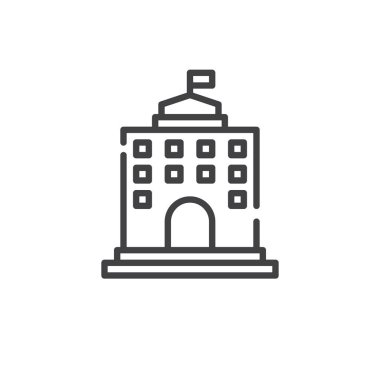 Satırı simgesi, bina Üniversitesi Anahat vektör işareti, üzerinde beyaz izole doğrusal stil piktogram. Sembol, logo illüstrasyon. Düzenlenebilir kontur