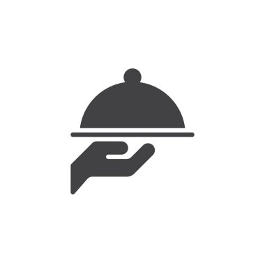 Garson el simge vektör içinde tepsi dolu düz işareti, üzerinde beyaz izole katı piktogram. Cloche gıda kapak sembolü, logo illüstrasyon.