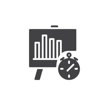 Analytics iş grafik ve kronometre simgesi olan vektör, dolu düz işareti, üzerinde beyaz izole katı piktogram. Zaman yönetimi sembolü, logo illüstrasyon.
