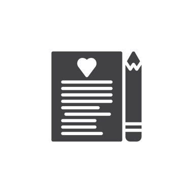 Aşk mektubu kalp ve kalem simgesi olan vektör, dolu düz işareti, üzerinde beyaz izole katı piktogram. Aşk ileti simgesi, logo illüstrasyon.