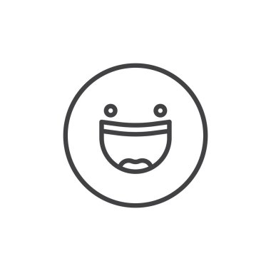 Yüzü açık ağız ifade satırı simgesi ile gülümseyen, Anahat vektör işareti, üzerinde beyaz izole doğrusal stil piktogram. Emoji gülen sembolü, logo illüstrasyon. Düzenlenebilir kontur