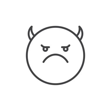Kızgın kırmızı yüz ifade ile boynuzları satırı simgesi, Anahat vektör işareti, üzerinde beyaz izole doğrusal stil piktogram. Emoji gülen sembolü, logo illüstrasyon. Düzenlenebilir kontur