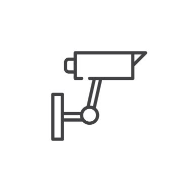 CCTV kamera satırı simgesi, Anahat vektör işareti üzerinde beyaz izole doğrusal stil piktogram. Gözetimi simgesi, logo illüstrasyon. Düzenlenebilir kontur