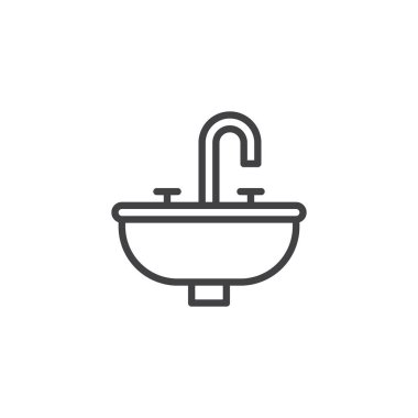 Banyo lavabo ünitesi satırı simgesi, Anahat vektör işareti üzerinde beyaz izole doğrusal stil piktogram. Sembol, logo illüstrasyon. Düzenlenebilir kontur