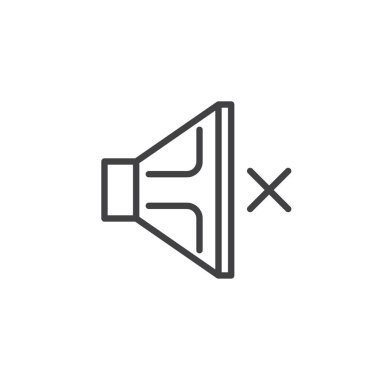 Hoparlör sessiz, ses çıkmasın satırı simgesi, Anahat vektör işareti, doğrusal stil piktogram beyaz izole. Sembol, logo illüstrasyon. Düzenlenebilir kontur