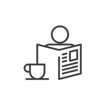 Sabah Gazetesi ve fincan kahve satırı simgesi, Anahat vektör işareti, üzerinde beyaz izole doğrusal stil piktogram. Sembol, logo illüstrasyon. Düzenlenebilir kontur