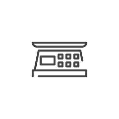 Teraziler için ürün satırı simgesi, vektör işareti, üzerinde beyaz izole doğrusal stil piktogram anahat. Sembol, logo illüstrasyon. Düzenlenebilir kontur