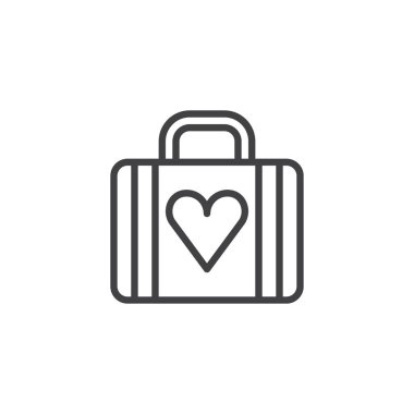 Bagaj ile kalp satırı simgesi, Anahat vektör işareti, üzerinde beyaz izole doğrusal stil piktogram. Sembol, logo illüstrasyon. Düzenlenebilir kontur