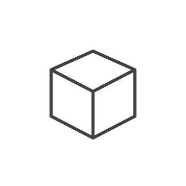 3D küp satır simgesini, Anahat vektör işareti üzerinde beyaz izole doğrusal stil piktogram. Sembol, logo illüstrasyon. Düzenlenebilir kontur