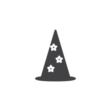 Sihirbazı şapka simge vektör, düz işareti, üzerinde beyaz izole katı piktogram dolu. Parti sembol, logo illüstrasyon.