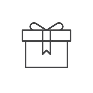 Mevcut hediye kutusu satırı simgesi, vektör işareti, anahat üzerinde beyaz izole doğrusal stil piktogram. Sembol, logo illüstrasyon. Düzenlenebilir kontur