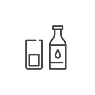 Süt şişesi ve satır kutsal kişilerin resmi, vektör işareti, anahat cam üzerinde beyaz izole doğrusal stil piktogram. Sembol, logo illüstrasyon. Düzenlenebilir kontur