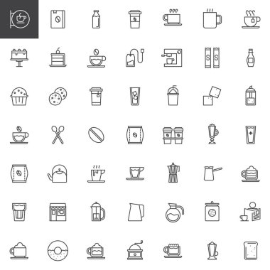 Kahve çizgi Icons set, Anahat vektör simgesi toplama, doğrusal tarz piktogram paketi. İşaretler, logo illüstrasyon. Kahvesi, çay bardağı, kahve makinesi, tatlı, kapuçino, latte simgeler içerir