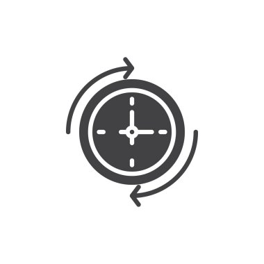 Ok duvar saati simge vektör, çevresinde düz işareti, üzerinde beyaz izole katı piktogram dolu. Geçmiş sembolü, logo illüstrasyon.