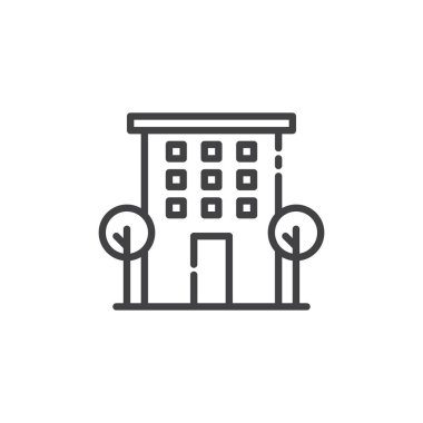 Satırı simgesi, bina Anahat vektör işareti, üzerinde beyaz izole doğrusal stil piktogram. Sembol, logo illüstrasyon. Düzenlenebilir kontur