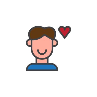 Sevgi ve kalp doldurulmuş anahat simgesini, çizgi vektör işareti, doğrusal renkli sembol üzerinde beyaz izole adam. Sevgililer günü sembolü, logo illüstrasyon. Piksel mükemmel vektör grafikleri