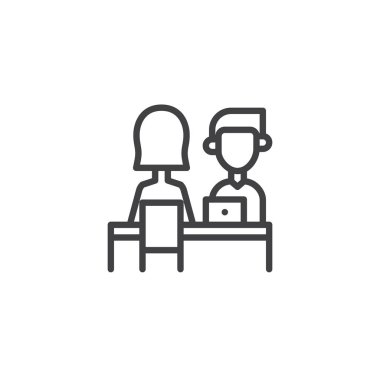 Röportaj satırı simgesi, vektör işareti, anahat üzerinde beyaz izole doğrusal stil piktogram. Sembol, logo illüstrasyon. Düzenlenebilir kontur