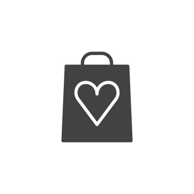 Alışveriş çantası ile kalp simge vektör, düz işareti, üzerinde beyaz izole katı piktogram dolu. Sevgililer günü hediyesi sembolü, logo illüstrasyon.