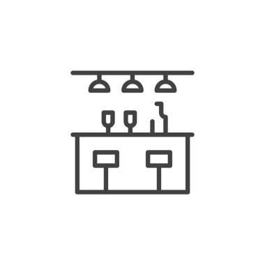 Bir şişe ve bardak satırı simgesi olan sayaç Anahat vektör işareti, üzerinde beyaz izole doğrusal stil piktogram. Sembol, logo illüstrasyon. Düzenlenebilir kontur