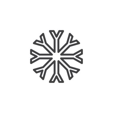 Kar tanesi satırı simgesi, Anahat vektör işareti üzerinde beyaz izole doğrusal stil piktogram. Kar, kış hava sembolü, logo illüstrasyon. Düzenlenebilir kontur