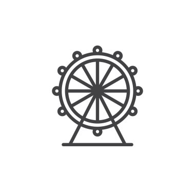 Dönme dolap satırı simgesi, Anahat vektör işareti üzerinde beyaz izole doğrusal stil piktogram. Sembol, logo illüstrasyon. Düzenlenebilir kontur