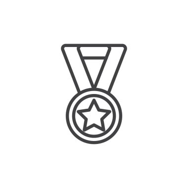 Madalya ile yıldız satırı simgesi, vektör işareti, anahat üzerinde beyaz izole doğrusal stil piktogram. Başarı simgesi, logo illüstrasyon. Düzenlenebilir kontur