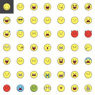 İfadeler, emoji, dolu gülen anahat Icons set, çizgi vektör simgesi toplama, üzerinde beyaz izole doğrusal renkli piktogram paketi. Web işaretleri, logo illüstrasyon, vektör grafikleri
