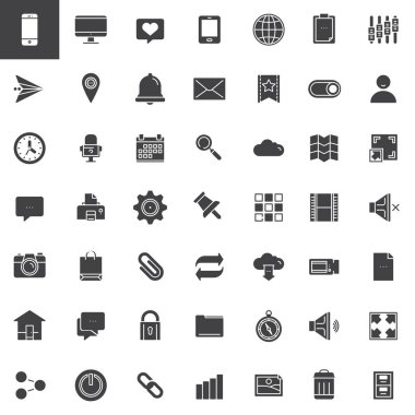 Web araçları Icons set, modern katı simgesi toplama, dolgulu piktogram paketi. İşaretler, logo illüstrasyon. E-posta, konumu, tarayıcı, arama, ayar, bulut konuşma balonu simgeler içerir
