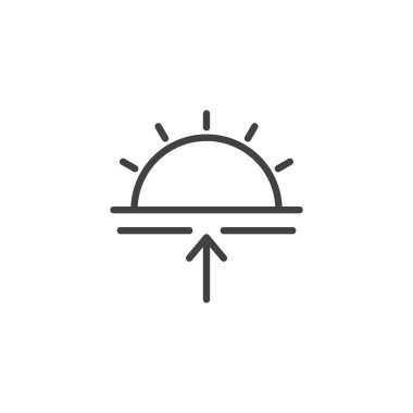 Sunrise satırı simgesi, Anahat vektör işareti üzerinde beyaz izole doğrusal stil piktogram. Güneş ve sembol, logo illüstrasyon yukarı ok. Düzenlenebilir kontur