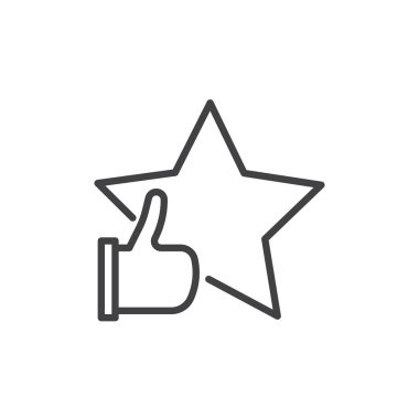 Yıldız ve satırı simgesi, başparmak ile beğenilme Anahat vektör işareti, üzerinde beyaz izole doğrusal stil piktogram. Başarı simgesi, logo illüstrasyon. Düzenlenebilir kontur