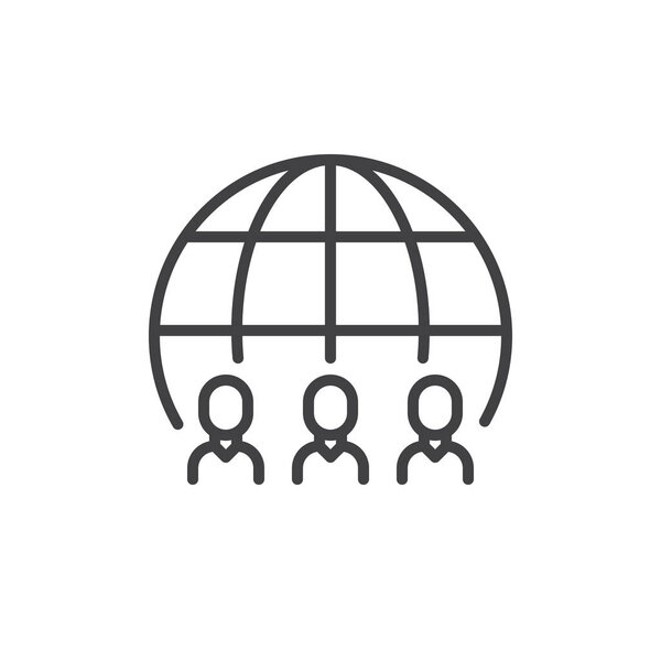 Группа людей и значок линии глобуса, очертания векторного знака, пиктограмма линейного стиля, выделенная на белом. Символ, иллюстрация логотипа. Штрих к таблице
