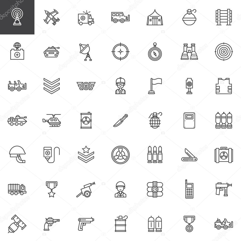 Military equipment line icons set, outline vector symbol collection, linear style pictogram pack. Signs, logo illustration. Set includes icons as tank, military truck, armored vehicles, artillery, gun