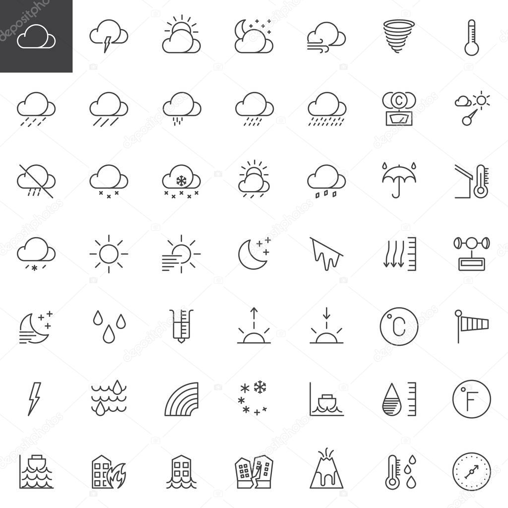 Weather forecast line icons set, outline vector symbol collection, linear style pictogram pack. Signs, logo illustration. Set includes icons as meteorology, climate, sun, moon, overcast, barometer