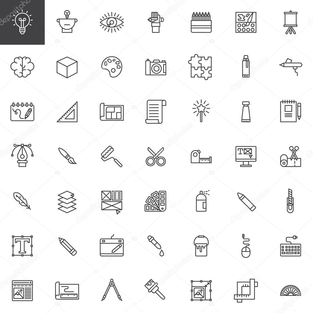 Graphic design tools line icons set, outline vector symbol collection, linear style pictogram pack. Signs, logo illustration. Set includes icons as blueprint, feather, pantone, dropper, web design