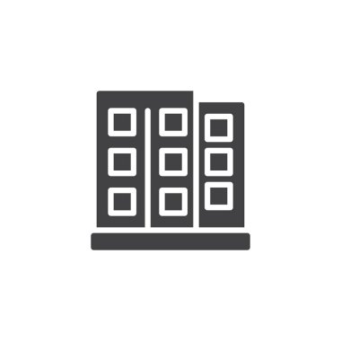 Ofis Binası simge vektör, düz işareti, üzerinde beyaz izole katı piktogram dolu. Hotel, daire sembolü, logo illüstrasyon.