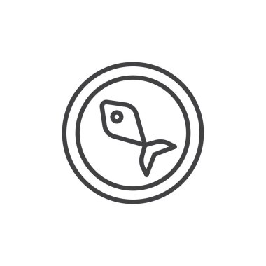 Balık gıda üzerine plaka satırı simgesi, vektör işareti, anahat üzerinde beyaz izole doğrusal stil piktogram. Deniz ürünleri sembolü, logo illüstrasyon. Düzenlenebilir kontur