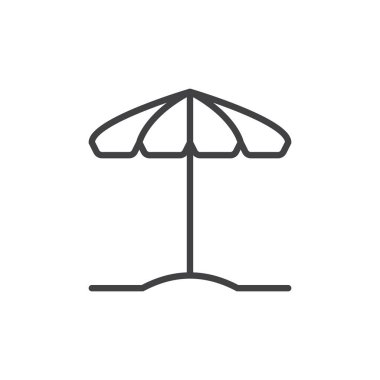 Plaj Şemsiye satırı simgesi, vektör işareti, anahat üzerinde beyaz izole doğrusal stil piktogram. Şemsiye sembolü, logo illüstrasyon. Düzenlenebilir inme. Piksel mükemmel vektör grafikleri