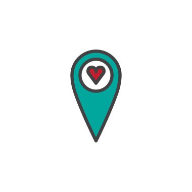 Yer tutucu dolu kalp anahat simgesi, çizgi vektör işareti, üzerinde beyaz izole doğrusal renkli sembol ile seviyorum. Romantik tarih konum sembolü, logo illüstrasyon. Piksel mükemmel vektör grafikleri