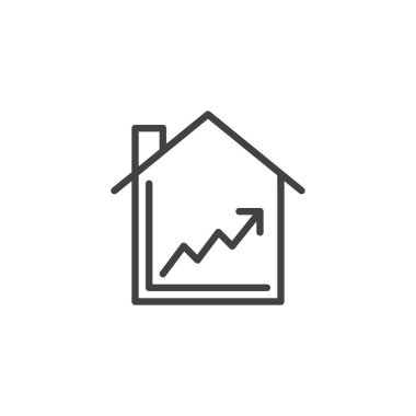 Ev ve bir çizgi grafik hat simge vektör işareti, anahat üzerinde beyaz izole doğrusal stil piktogram. Büyüme grafik sembolü, logo illüstrasyon. Düzenlenebilir kontur