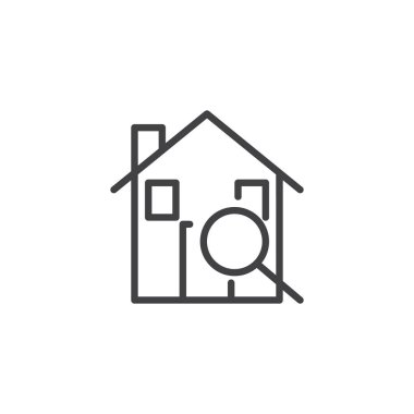 Ana sayfa arama Büyüteç satırı simgesi ile vektör işareti, anahat üzerinde beyaz izole doğrusal stil piktogram. Sembol, logo illüstrasyon. Düzenlenebilir kontur