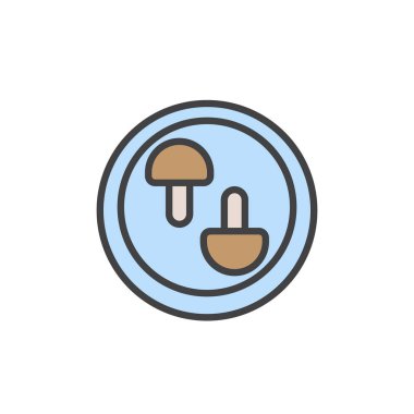 Mantar plaka üzerinde doldurulmuş anahat simgesini, çizgi vektör işareti, üzerinde beyaz izole doğrusal renkli sembol. Vejetaryen yiyecekler menü simgesi, logo illüstrasyon. Piksel mükemmel vektör grafikleri