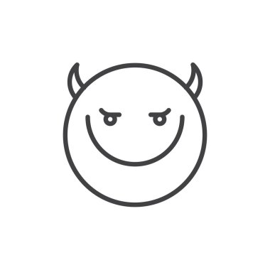 Kırmızı yüz ifade boynuzları satırı simgesi ile gülümseyen, Anahat vektör işareti, üzerinde beyaz izole doğrusal stil piktogram. Emoji gülen sembolü, logo illüstrasyon. Düzenlenebilir kontur