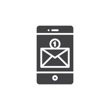 Smartphone gelen mesaj veya ekran simge vektör, sms ile düz işareti, üzerinde beyaz izole katı piktogram dolu. Cep telefonu posta simgesi, logo illüstrasyon.