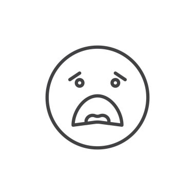 Istıraplı yüz ifade satır simgesi, Anahat vektör işareti üzerinde beyaz izole doğrusal stil piktogram. Emoji gülen sembolü, logo illüstrasyon. Düzenlenebilir kontur