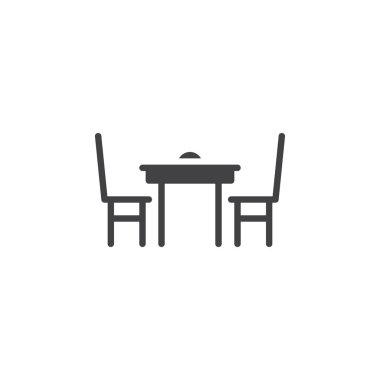 Yemek masası sandalye simge vektör ile düz işareti, üzerinde beyaz izole katı piktogram dolu. Sembol, logo illüstrasyon.