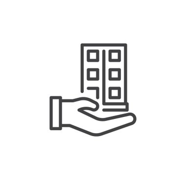 Ev, el satırı simgesi inşa Anahat vektör işareti, doğrusal stil piktogram izole beyaz. Sigorta, Emlak sembolü, logo illüstrasyon satan. Düzenlenebilir kontur